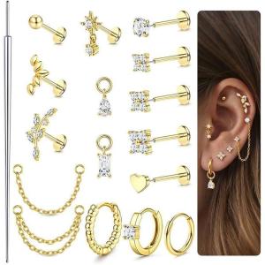 image:imageORAZIO 16G18G20G Threadless Flat Back Earrings 316L Surgical Steel Cartilage Earring Stacks Flatback Push in Nose Rings Studs Hypoallergenic Tragus Helix Conch Labret Medusa Piercing JewelryStyle2Gold