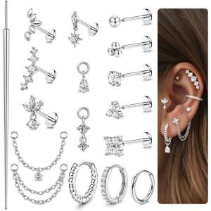 image:imageORAZIO 16G18G20G Threadless Flat Back Earrings 316L Surgical Steel Cartilage Earring Stacks Flatback Push in Nose Rings Studs Hypoallergenic Tragus Helix Conch Labret Medusa Piercing JewelryStyle1Silver