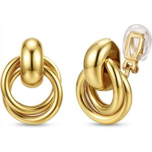 image:imageORAZIO Clip On Earrings Women Geometric Statement Unique Non Pierced Earrings 14K Gold Plated Knot Chunky Drop Dangle Hoop Stud Clipon Earrings for Women TrendyStyle AGold Plated