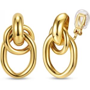 image:imageORAZIO Clip On Earrings Women Geometric Statement Unique Non Pierced Earrings 14K Gold Plated Knot Chunky Drop Dangle Hoop Stud Clipon Earrings for Women TrendyStyle BGold Plated