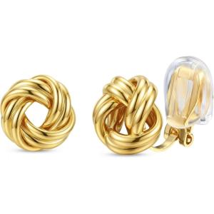 image:imageORAZIO Clip On Earrings Women Geometric Statement Unique Non Pierced Earrings 14K Gold Plated Knot Chunky Drop Dangle Hoop Stud Clipon Earrings for Women TrendyStyle DGold Plated