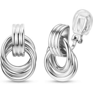 image:imageORAZIO Clip On Earrings Women Geometric Statement Unique Non Pierced Earrings 14K Gold Plated Knot Chunky Drop Dangle Hoop Stud Clipon Earrings for Women TrendyStyle CSilver Plated