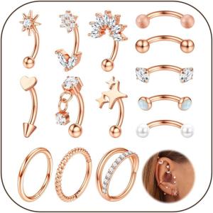 image:imageORAZIO 16g Rook Piercing Jewelry Surgical Steel Vertical Labret Lip Jewelry Gold Eyebrow Piercing Rook Daith Earrings for Women Cartilage Curved Barbell Daith Surface Tragus Piercing Jewelry 14 PcsRose Gold Plated