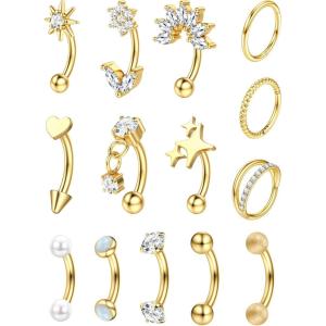 image:imageORAZIO 16g Rook Piercing Jewelry Surgical Steel Vertical Labret Lip Jewelry Gold Eyebrow Piercing Rook Daith Earrings for Women Cartilage Curved Barbell Daith Surface Tragus Piercing Jewelry 14 PcsGold Plated
