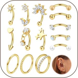 image:imageORAZIO 16g Rook Piercing Jewelry Surgical Steel Vertical Labret Lip Jewelry Gold Eyebrow Piercing Rook Daith Earrings for Women Cartilage Curved Barbell Daith Surface Tragus Piercing Jewelry 14 PcsGold Tone