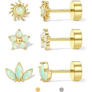 image:imageORAZIO 925 Sterling Silver Flat Back Stud Earrings for Women Hypoallergenic 14K Gold Plated Cartilage Earrings for Sensitive Ears Small CZ Opal Conch Helix Tragus Piercing Jewelry 3 Pairs 20GStyle1Gold Tone