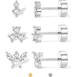 image:imageORAZIO 925 Sterling Silver Flat Back Stud Earrings for Women Hypoallergenic 14K Gold Plated Cartilage Earrings for Sensitive Ears Small CZ Opal Conch Helix Tragus Piercing Jewelry 3 Pairs 20GStyle4Silver Tone