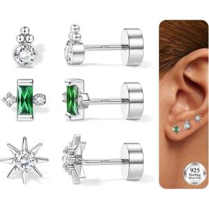 image:imageORAZIO 925 Sterling Silver Flat Back Stud Earrings for Women Hypoallergenic 14K Gold Plated Cartilage Earrings for Sensitive Ears Small CZ Opal Conch Helix Tragus Piercing Jewelry 3 Pairs 20GStyle2Silver Plated