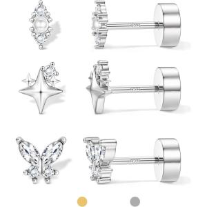 image:imageORAZIO 925 Sterling Silver Flat Back Stud Earrings for Women Hypoallergenic 14K Gold Plated Cartilage Earrings for Sensitive Ears Small CZ Opal Conch Helix Tragus Piercing Jewelry 3 Pairs 20GStyle3Silver Tone