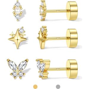 image:imageORAZIO 925 Sterling Silver Flat Back Stud Earrings for Women Hypoallergenic 14K Gold Plated Cartilage Earrings for Sensitive Ears Small CZ Opal Conch Helix Tragus Piercing Jewelry 3 Pairs 20GStyle3Gold Tone