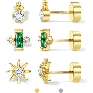 image:imageORAZIO 925 Sterling Silver Flat Back Stud Earrings for Women Hypoallergenic 14K Gold Plated Cartilage Earrings for Sensitive Ears Small CZ Opal Conch Helix Tragus Piercing Jewelry 3 Pairs 20GStyle2Gold Tone