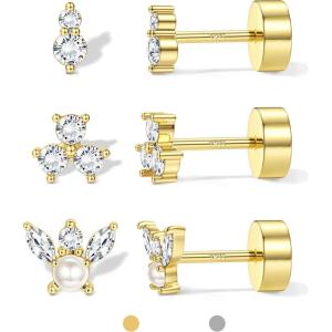 image:imageORAZIO 925 Sterling Silver Flat Back Stud Earrings for Women Hypoallergenic 14K Gold Plated Cartilage Earrings for Sensitive Ears Small CZ Opal Conch Helix Tragus Piercing Jewelry 3 Pairs 20GStyle4Gold Tone