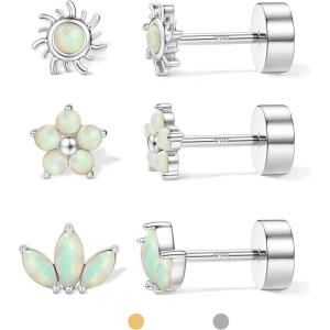 image:imageORAZIO 925 Sterling Silver Flat Back Stud Earrings for Women Hypoallergenic 14K Gold Plated Cartilage Earrings for Sensitive Ears Small CZ Opal Conch Helix Tragus Piercing Jewelry 3 Pairs 20GStyle1Silver Tone