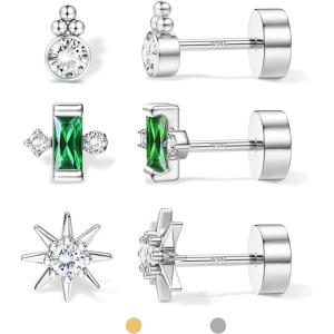 image:imageORAZIO 925 Sterling Silver Flat Back Stud Earrings for Women Hypoallergenic 14K Gold Plated Cartilage Earrings for Sensitive Ears Small CZ Opal Conch Helix Tragus Piercing Jewelry 3 Pairs 20GStyle2Silver Tone
