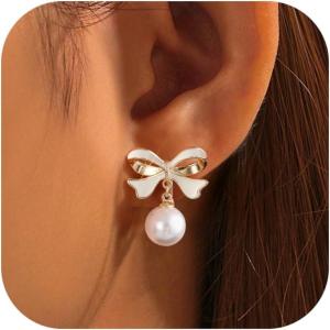 image:imageORAZIO Pearl Clip on Earrings for Women Danlge Fake Trendy Non Piercing Hypoallergenic Cute Pink Bow Clip on Earrings for Womengold plated bow a