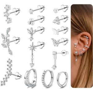 image:imageORAZIO 201816G Cartilage Earrings for Women Flat Back Earring Stacks Hypoallergenic Surgical Steel Flatback Stud Hoop Cartilage Earring Set Daith Conch Tragus Helix Piercing Jewelry Single PCStyle2Silver Plated