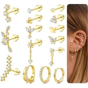 image:imageORAZIO 201816G Cartilage Earrings for Women Flat Back Earring Stacks Hypoallergenic Surgical Steel Flatback Stud Hoop Cartilage Earring Set Daith Conch Tragus Helix Piercing Jewelry Single PCStyle2Gold Plated