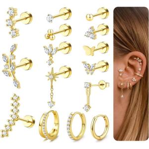 image:imageORAZIO 201816G Cartilage Earrings for Women Flat Back Earring Stacks Hypoallergenic Surgical Steel Flatback Stud Hoop Cartilage Earring Set Daith Conch Tragus Helix Piercing Jewelry Single PCStyle1Gold Plated