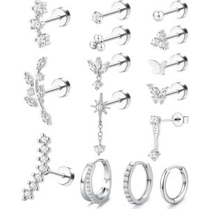 image:imageORAZIO 201816G Cartilage Earrings for Women Flat Back Earring Stacks Hypoallergenic Surgical Steel Flatback Stud Hoop Cartilage Earring Set Daith Conch Tragus Helix Piercing Jewelry Single PCStyle1Silver Plated