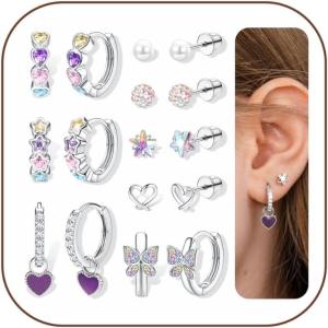 image:imageORAZIO Hypoallergenic Earrings for Girls Women Surgical Stainless Steel Screw Back Earrings Set for Sensitive Ears Cute Toddler Kids Stud Hoop Flower Butterfly Flat Back Earrings Over 4 Years OldColorfulScrew Back