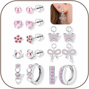 image:imageORAZIO Hypoallergenic Earrings for Girls Women Surgical Stainless Steel Screw Back Earrings Set for Sensitive Ears Cute Toddler Kids Stud Hoop Flower Butterfly Flat Back Earrings Over 4 Years OldPinkPendant