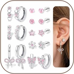 image:imageORAZIO Hypoallergenic Earrings for Girls Women Surgical Stainless Steel Screw Back Earrings Set for Sensitive Ears Cute Toddler Kids Stud Hoop Flower Butterfly Flat Back Earrings Over 4 Years OldPinkScrew Back