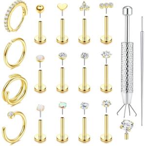 image:imageORAZIO 14K Gold Filled Nose Rings Studs Hoops for Women Men 20G 18G Hypoallergenic Surgical Steel Push in Threadless Flat Back Earrings CZ Helix Tragus Lip Cartilage Medusa Nostril Piercing JewelryOpal StyleGold Plated