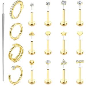 image:imageORAZIO 14K Gold Filled Nose Rings Studs Hoops for Women Men 20G 18G Hypoallergenic Surgical Steel Push in Threadless Flat Back Earrings CZ Helix Tragus Lip Cartilage Medusa Nostril Piercing JewelryCZ StyleGold Plated