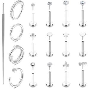 image:imageORAZIO 14K Gold Filled Nose Rings Studs Hoops for Women Men 20G 18G Hypoallergenic Surgical Steel Push in Threadless Flat Back Earrings CZ Helix Tragus Lip Cartilage Medusa Nostril Piercing JewelryCZ StyleSilver Plated