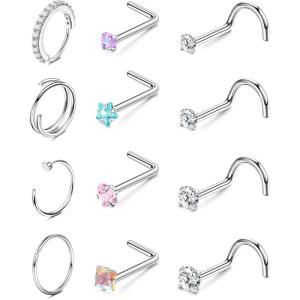 image:imageORAZIO Nose Rings for Women  14K Gold Filled Hypoallergenic Surgical Steel Nose Ring Hoops 18G20G22G Small Cute CZ Screw L Shaped Nose Studs Piercings Jewelry for Women Men 12PcsSilver Plated