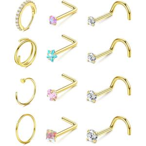 image:imageORAZIO Nose Rings for Women  14K Gold Filled Hypoallergenic Surgical Steel Nose Ring Hoops 18G20G22G Small Cute CZ Screw L Shaped Nose Studs Piercings Jewelry for Women Men 12PcsGold Plated