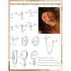 image:imageORAZIO 20G Helix Piercing Jewelry Flat Back Cartilage Earrings for Women Surgical Stainless Steel Hypoallergenic Hoop Stud Earrings Set Tragus Helix Piercing Jewelry for Sensitive Ears Single Pcwhite gold earringswhite cz
