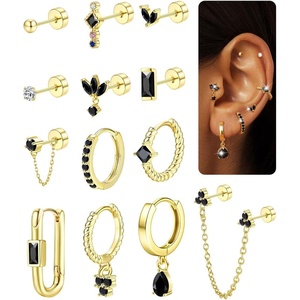 image:imageORAZIO 20G Helix Piercing Jewelry Flat Back Cartilage Earrings for Women Surgical Stainless Steel Hypoallergenic Hoop Stud Earrings Set Tragus Helix Piercing Jewelry for Sensitive Ears Single Pcgold plated earringsblack cz