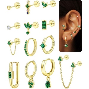 image:imageORAZIO 20G Helix Piercing Jewelry Flat Back Cartilage Earrings for Women Surgical Stainless Steel Hypoallergenic Hoop Stud Earrings Set Tragus Helix Piercing Jewelry for Sensitive Ears Single Pcgold plated earringsgreen cz