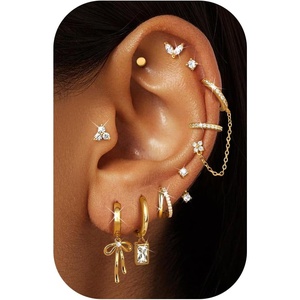 image:imageORAZIO Small Hoop Stud Earrings Stacks for Women 14K Gold Plated Silver Huggie Hoops Cartilage Hypoallergenic Chain Cute Dangle Earrings Set for Multiple Piercings Jewelry14K Gold Plated Earrings