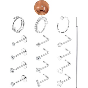 image:imageORAZIO Nose Rings for Women 14K Gold Filled Hypoallergenic Surgical Stainless Steel Nose Ring Studs Hoops CZ LShaped Threadless Flat Back Stud Nose Lip Medusa Piercing Jewelry for Women Men 20G 18GStyle1Silver Plated