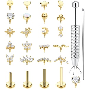 image:imageFlat Back Stud Earrings for Women Hypoallergenic Surgical Steel Internal Thread CZ Stud Piercing Jewelry for Tragus Helix Conch Cartilage 14K GoldSilver Plated Nose Lip Labret Medusa Piercing 16G 18GGold Plated