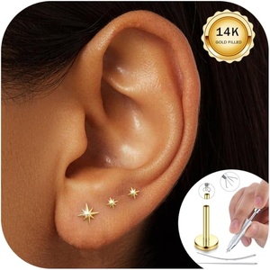 image:imageORAZIO 1618G Flat Back Earrings for Women Hypoallergenic Surgical Steel 14K Gold Silver Plated Internal Thread Stud Piercing Jewelry for Helix Tragus Cartilage Conch Nose Lip Labret Medusa Piercing14K Gold PlatedStar