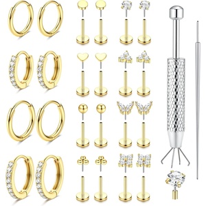 image:imageORAZIO 16G18G20G Flat Back Earrings for Women Threadless 316L Surgical Steel Stud Hoop Earrings Push in Nose Studs Hypoallergenic Cartilage Earring Stacks Labret Helix Tragus Conch Piercing JewelryGold Plated