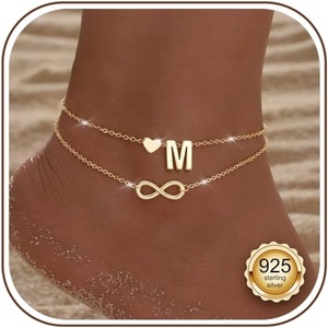 image:imageORAZIO 925 Sterling Sliver Initial Ankle Bracelets for Women Waterproof 14K Gold Filled Layered Infinity Heart Anklets for Women Non Tarnish Cute Summer Beach Foot Jewelry Gift Adjustable SizeMGold