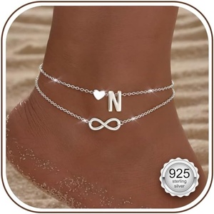 image:imageORAZIO 925 Sterling Sliver Initial Ankle Bracelets for Women Waterproof 14K Gold Filled Layered Infinity Heart Anklets for Women Non Tarnish Cute Summer Beach Foot Jewelry Gift Adjustable SizeNSilver