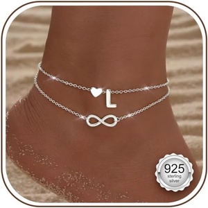 image:imageORAZIO 925 Sterling Sliver Initial Ankle Bracelets for Women Waterproof 14K Gold Filled Layered Infinity Heart Anklets for Women Non Tarnish Cute Summer Beach Foot Jewelry Gift Adjustable SizeLSilver