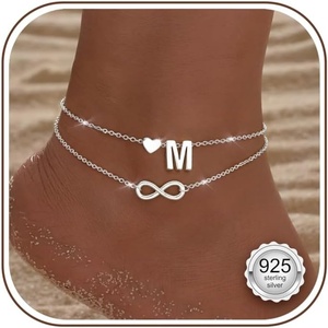 image:imageORAZIO 925 Sterling Sliver Initial Ankle Bracelets for Women Waterproof 14K Gold Filled Layered Infinity Heart Anklets for Women Non Tarnish Cute Summer Beach Foot Jewelry Gift Adjustable SizeMSilver