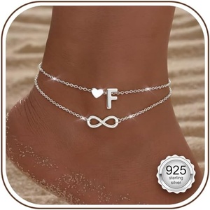 image:imageORAZIO 925 Sterling Sliver Initial Ankle Bracelets for Women Waterproof 14K Gold Filled Layered Infinity Heart Anklets for Women Non Tarnish Cute Summer Beach Foot Jewelry Gift Adjustable SizeFSilver